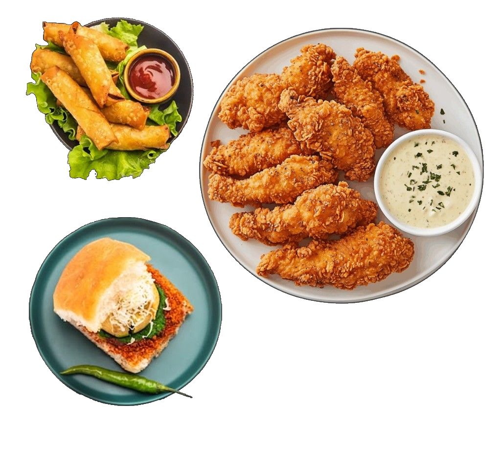 Vada pav, spring rolls and fried chicken